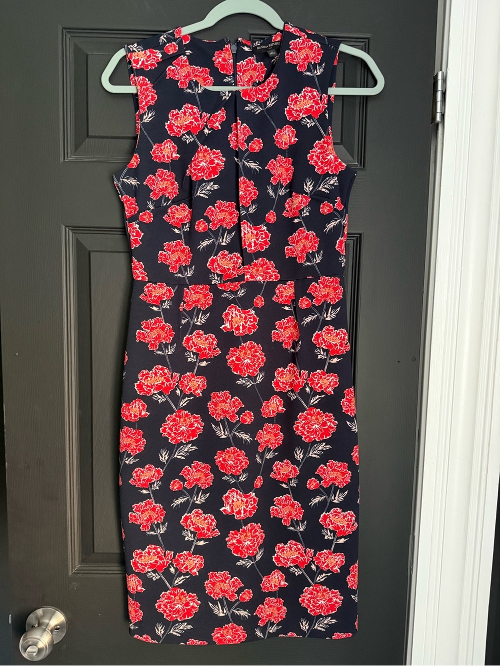 Banana Republic Navy Sheath Dress with Red Floral Print